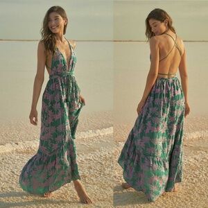 NWT Maaji Moon Bay Palm Tree Print Embroidered Plunge Braided Strap Maxi Dress